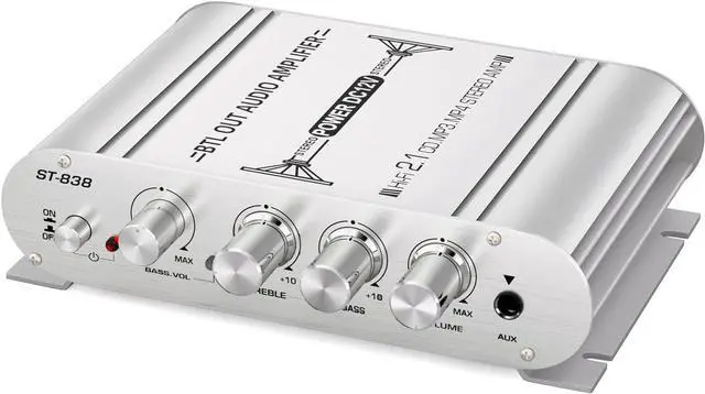 Main image of Facmogu ST-838 2.1CH Audio Power Amplifier, RMS 20Wx2+40W Class D Stereo Digital Audio Amp with Subwoofer Output, 80W Mini Subwoofer Amplifier Audio Stereo Bass Amp with DC12V Power Adapter - Silver