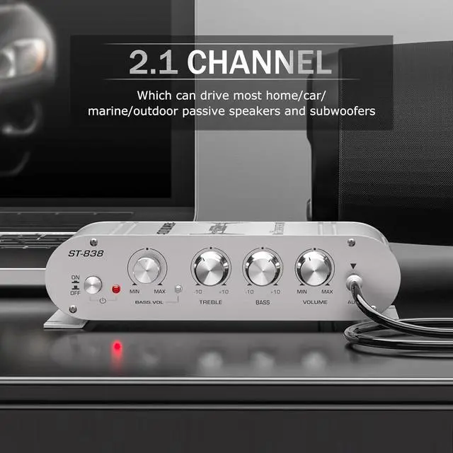 Alt view image 3 of 7 - Facmogu ST-838 2.1CH Audio Power Amplifier, RMS 20Wx2+40W Class D Stereo Digital Audio Amp with Subwoofer Output, 80W Mini Subwoofer Amplifier Audio Stereo Bass Amp with DC12V Power Adapter - Silver