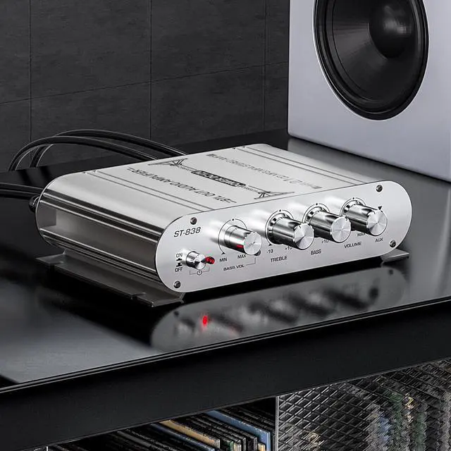 Alt view image 6 of 7 - Facmogu ST-838 2.1CH Audio Power Amplifier, RMS 20Wx2+40W Class D Stereo Digital Audio Amp with Subwoofer Output, 80W Mini Subwoofer Amplifier Audio Stereo Bass Amp with DC12V Power Adapter - Silver