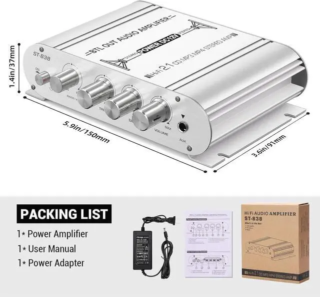 Alt view image 7 of 7 - Facmogu ST-838 2.1CH Audio Power Amplifier, RMS 20Wx2+40W Class D Stereo Digital Audio Amp with Subwoofer Output, 80W Mini Subwoofer Amplifier Audio Stereo Bass Amp with DC12V Power Adapter - Silver