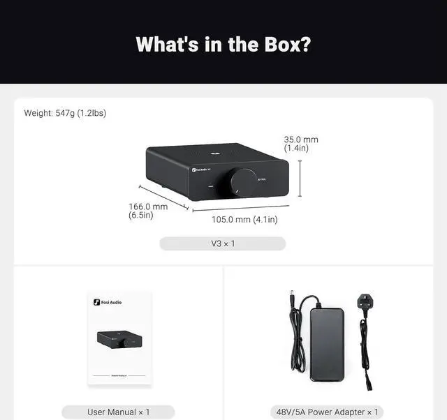 Alt view image 7 of 7 - Fosi Audio V3 Stereo Amplifier Home Audio 300 Watts x2 Power TPA3255 Class D Mini Speaker Amp 2 Channel Audio Component for Passive Bookshelf Tower Speakers Desktop Home Theater with 48V Power Supply