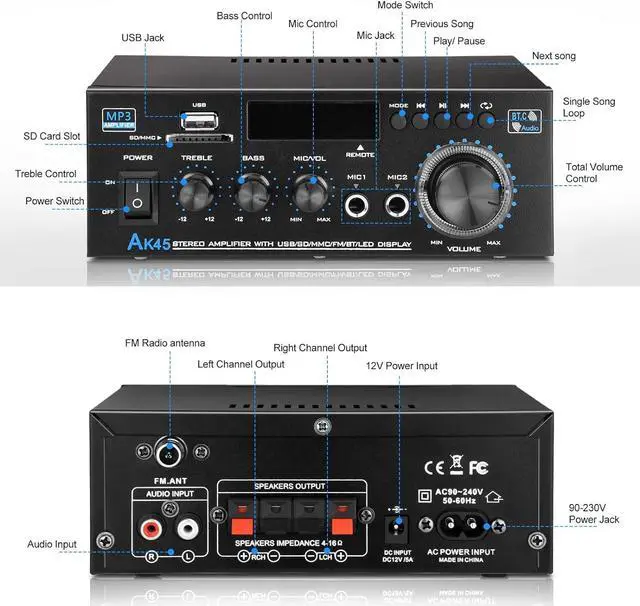 Alt view image 2 of 8 - Home Audio Power Amplifier with Bluetooth, 100Wx2 Audio Stereo Receiver, Dmyond Home Amplifiers w/FM Radio USB, AUX, RCA, SD for Home Theater Speakers Audio Stereo, Studio