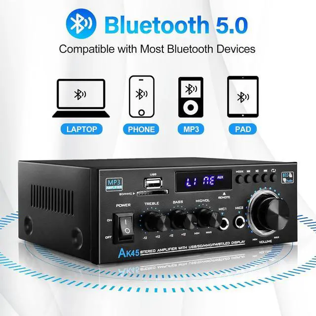 Alt view image 3 of 8 - Home Audio Power Amplifier with Bluetooth, 100Wx2 Audio Stereo Receiver, Dmyond Home Amplifiers w/FM Radio USB, AUX, RCA, SD for Home Theater Speakers Audio Stereo, Studio