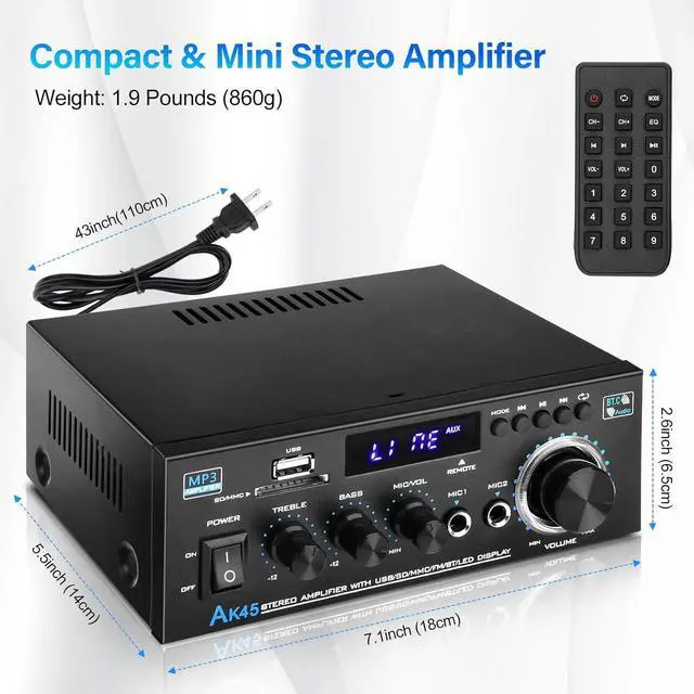 Alt view image 5 of 8 - Home Audio Power Amplifier with Bluetooth, 100Wx2 Audio Stereo Receiver, Dmyond Home Amplifiers w/FM Radio USB, AUX, RCA, SD for Home Theater Speakers Audio Stereo, Studio