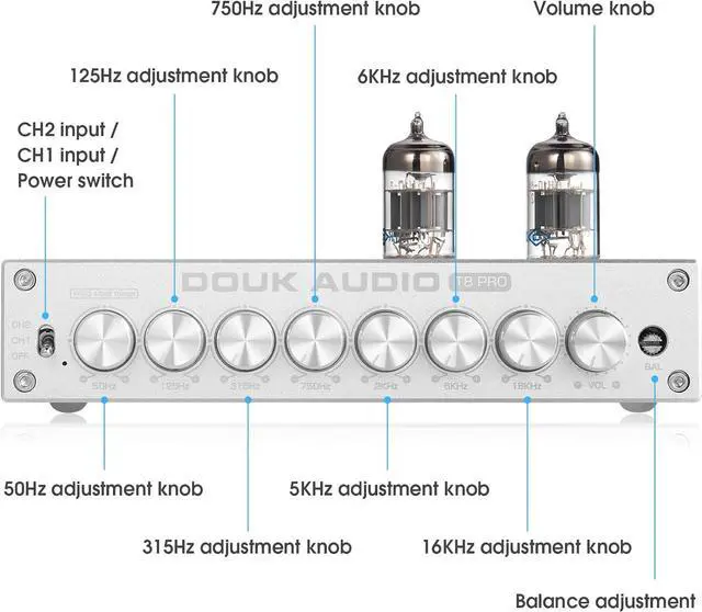 Alt view image 6 of 7 - Douk Audio Balanced EQ Preamp: 7-Band Equalizer - Vacuum Tube Preamplifier with XLR RCA Inputs & Outputs - for Home Stereo HiFi System, Amplifiers, Active Speakers (T8 PRO Silver)