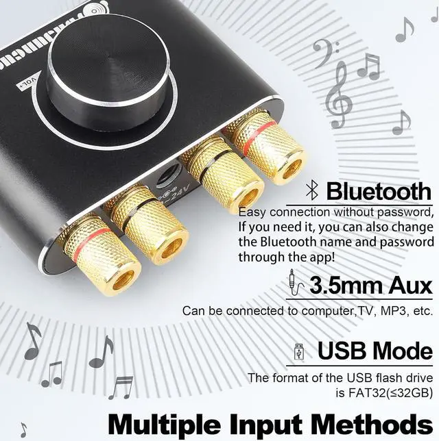 Alt view image 2 of 6 - REKOMOPAI Mini Bluetooth Audio Amplifier, Stereo Hi-Fi Digital Amp 2.0 Channel 20W×2 with AUX/USB/Bluetooth Input Wireless Audio Receiver with Remote Control Function (Black)