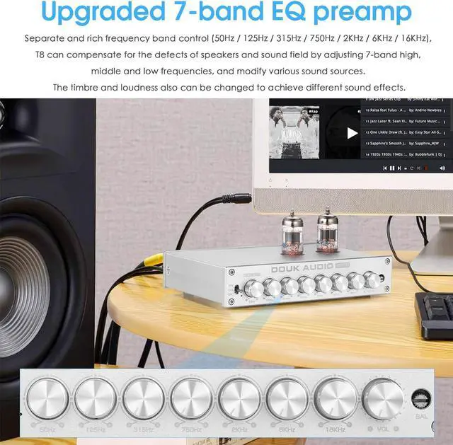 Alt view image 2 of 7 - Douk Audio Balanced EQ Preamp: 7-Band Equalizer - Vacuum Tube Preamplifier with XLR RCA Inputs & Outputs - for Home Stereo HiFi System, Amplifiers, Active Speakers (T8 PRO Silver)