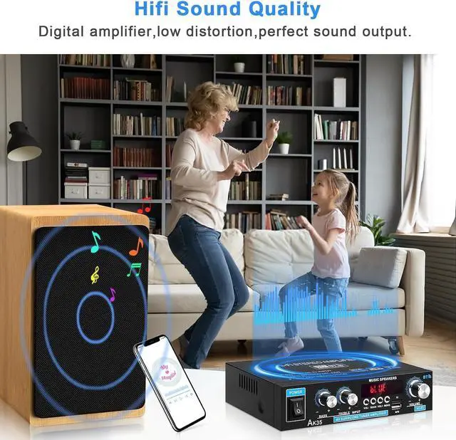 Alt view image 2 of 7 - Home Audio Amplifier AK-35 HiFi Bluetooth 5.0 Mini Stereo Power Amp Receivers 2.0 Channel RMS 30W x 2 Max. 200W Output with USB,AUX,FM Radio for Home Theater Speakers System