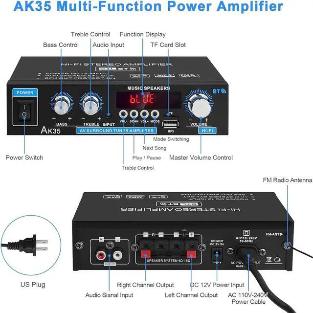 Alt view image 6 of 7 - Home Audio Amplifier AK-35 HiFi Bluetooth 5.0 Mini Stereo Power Amp Receivers 2.0 Channel RMS 30W x 2 Max. 200W Output with USB,AUX,FM Radio for Home Theater Speakers System