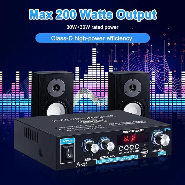 Alt view image 3 of 7 - Home Audio Amplifier AK-35 HiFi Bluetooth 5.0 Mini Stereo Power Amp Receivers 2.0 Channel RMS 30W x 2 Max. 200W Output with USB,AUX,FM Radio for Home Theater Speakers System