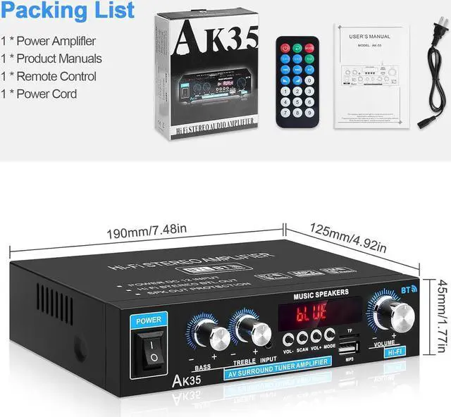 Alt view image 7 of 7 - Home Audio Amplifier AK-35 HiFi Bluetooth 5.0 Mini Stereo Power Amp Receivers 2.0 Channel RMS 30W x 2 Max. 200W Output with USB,AUX,FM Radio for Home Theater Speakers System