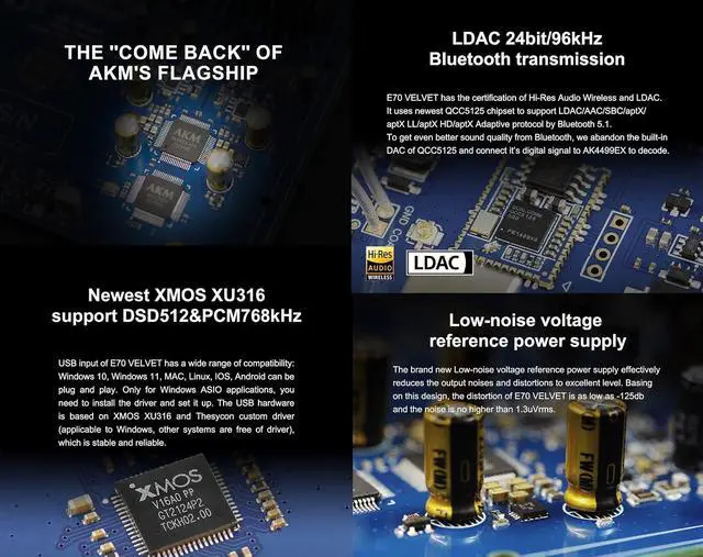 Alt view image 3 of 7 - E70 Velvet AK4499EX DAC Audio Decoder- Bluetooth5.1 LDAC Hi-Res XU316 32Bit/768kHz DSD512 BT/USB/Coax/Opt Inputs RCA/XLR HiFi Stereo Digital-to-Analog-Convertor Sliver