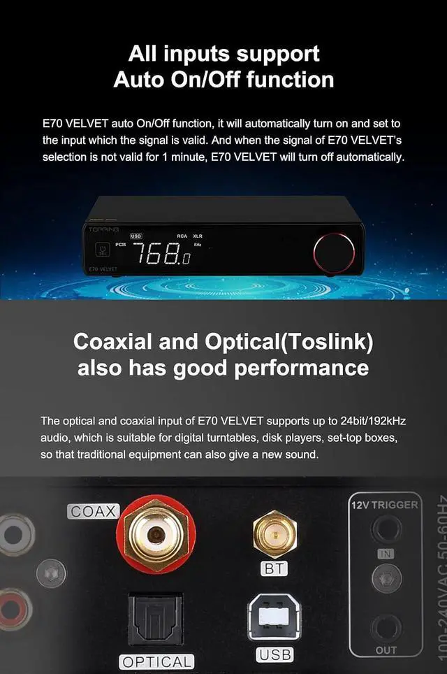 Alt view image 4 of 7 - E70 Velvet AK4499EX DAC Audio Decoder- Bluetooth5.1 LDAC Hi-Res XU316 32Bit/768kHz DSD512 BT/USB/Coax/Opt Inputs RCA/XLR HiFi Stereo Digital-to-Analog-Convertor Sliver