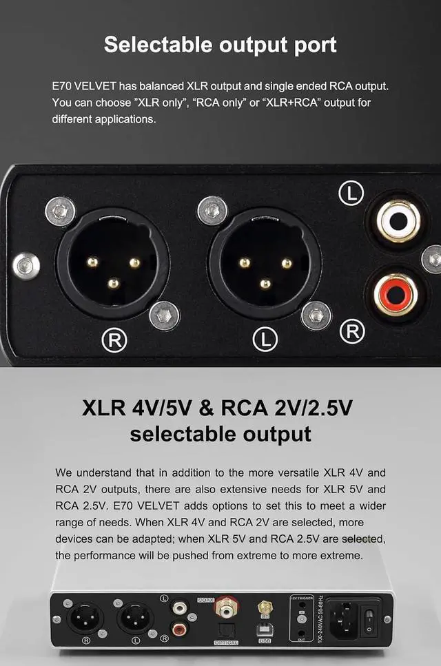 Alt view image 6 of 7 - E70 Velvet AK4499EX DAC Audio Decoder- Bluetooth5.1 LDAC Hi-Res XU316 32Bit/768kHz DSD512 BT/USB/Coax/Opt Inputs RCA/XLR HiFi Stereo Digital-to-Analog-Convertor Sliver