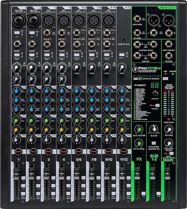 Alt view image 4 of 5 - Mackie ProFX12v3 12-Channel Mixer with Built-in Effects and USB + Pro Headphone with Pair of EMB XLR Cable and Gravity Magnet Phone Holder Bundle, TH02 (2)+M (PROFX12V3+TH02+XLR(2)+M)