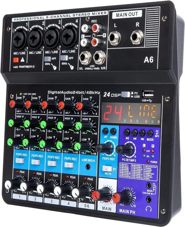 Main image of 6 Channel Audio Mixer - Portable Digital Line Mixer Console Build-in 24 DSP Effects BT Function 48V Phantom Power for Karaoke Streaming by YOUSHARES