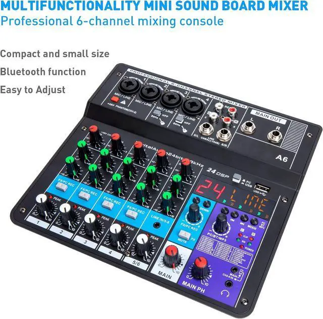 Alt view image 2 of 7 - 6 Channel Audio Mixer - Portable Digital Line Mixer Console Build-in 24 DSP Effects BT Function 48V Phantom Power for Karaoke Streaming by YOUSHARES