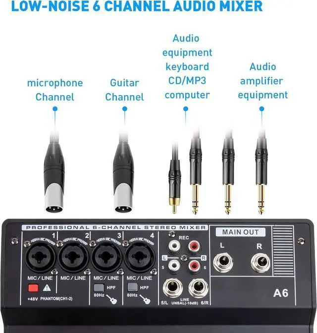Alt view image 3 of 7 - 6 Channel Audio Mixer - Portable Digital Line Mixer Console Build-in 24 DSP Effects BT Function 48V Phantom Power for Karaoke Streaming by YOUSHARES