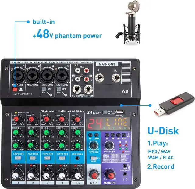 Alt view image 4 of 7 - 6 Channel Audio Mixer - Portable Digital Line Mixer Console Build-in 24 DSP Effects BT Function 48V Phantom Power for Karaoke Streaming by YOUSHARES