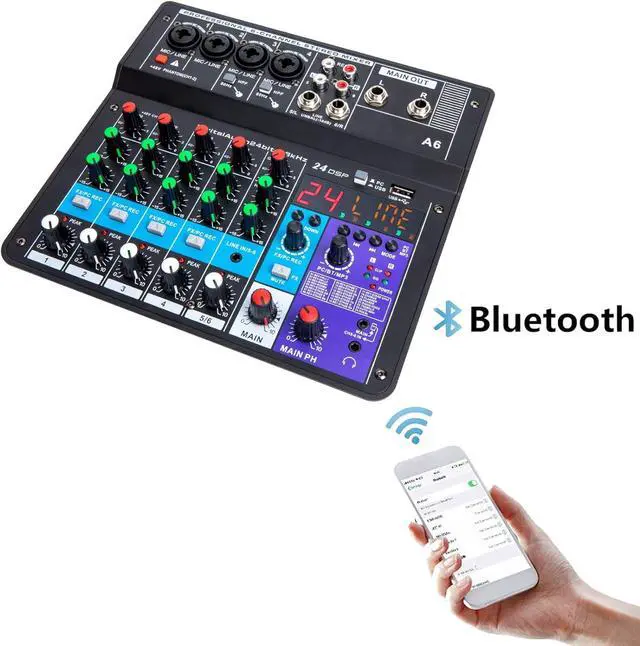 Alt view image 5 of 7 - 6 Channel Audio Mixer - Portable Digital Line Mixer Console Build-in 24 DSP Effects BT Function 48V Phantom Power for Karaoke Streaming by YOUSHARES