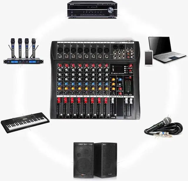 Alt view image 4 of 7 - Professional 8 Channel Mixing Console Audio Mixer Bluetooth w/USB Drive Amplifier Studio Audio Sound Mixer Console Ac 110v 50hz 18w