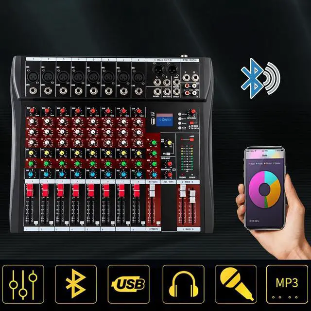 Alt view image 3 of 7 - Professional 8 Channel Mixing Console Audio Mixer Bluetooth w/USB Drive Amplifier Studio Audio Sound Mixer Console Ac 110v 50hz 18w