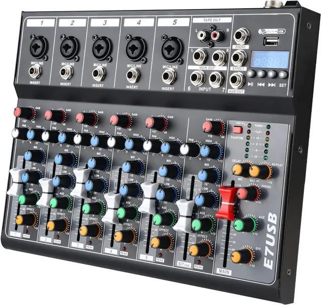 Main image of Dj Mixers 7 Channel Audio Mixer Sound Board with Bluetooth, Usb Audio Interface with 48V Phantom Power Sounds Mixer Board with FX Reverb Delay Effect for Streaming