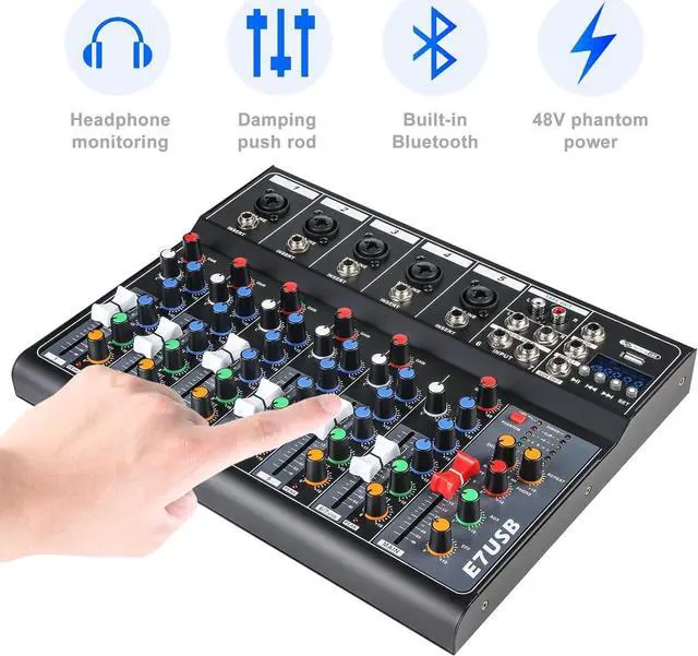 Alt view image 2 of 7 - Dj Mixers 7 Channel Audio Mixer Sound Board with Bluetooth, Usb Audio Interface with 48V Phantom Power Sounds Mixer Board with FX Reverb Delay Effect for Streaming