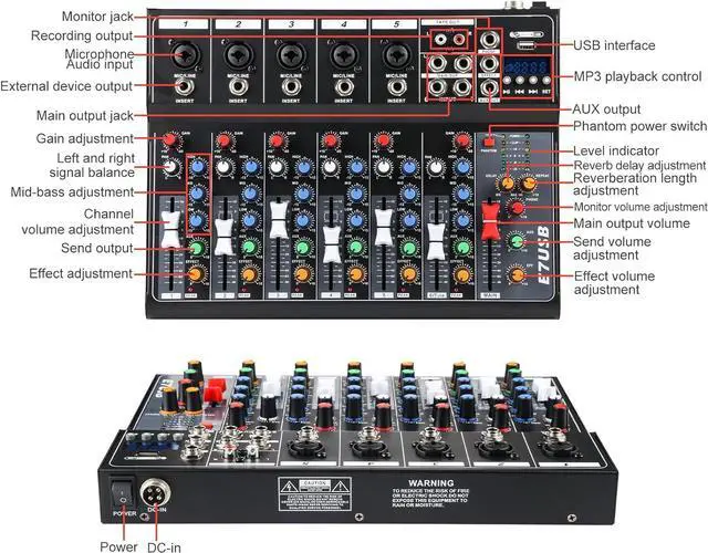 Alt view image 3 of 7 - Dj Mixers 7 Channel Audio Mixer Sound Board with Bluetooth, Usb Audio Interface with 48V Phantom Power Sounds Mixer Board with FX Reverb Delay Effect for Streaming