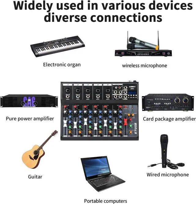 Alt view image 5 of 7 - Dj Mixers 7 Channel Audio Mixer Sound Board with Bluetooth, Usb Audio Interface with 48V Phantom Power Sounds Mixer Board with FX Reverb Delay Effect for Streaming