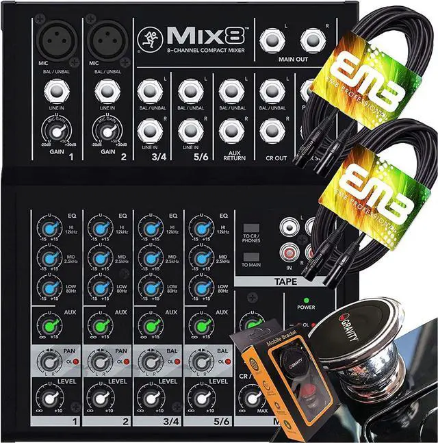 Main image of Mackie -Mix8- Compact 8-Channel Desktop Analog Midsize Mixer for Live Sound 2 Mic/Line Input Channels with Pair of EMB XLR Cable and Gravity Magnet Phone Holder Bundle (2)