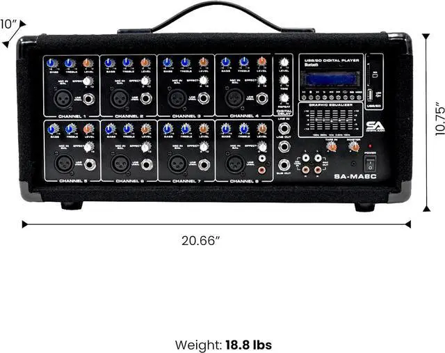 Alt view image 2 of 7 - Seismic Audio - SA-MA8C - 8 Channel 400 Watt Powered PA Head Mixer with Bluetooth and Effects