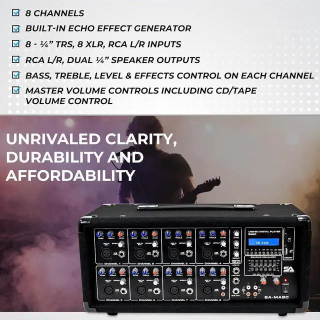 Alt view image 7 of 7 - Seismic Audio - SA-MA8C - 8 Channel 400 Watt Powered PA Head Mixer with Bluetooth and Effects