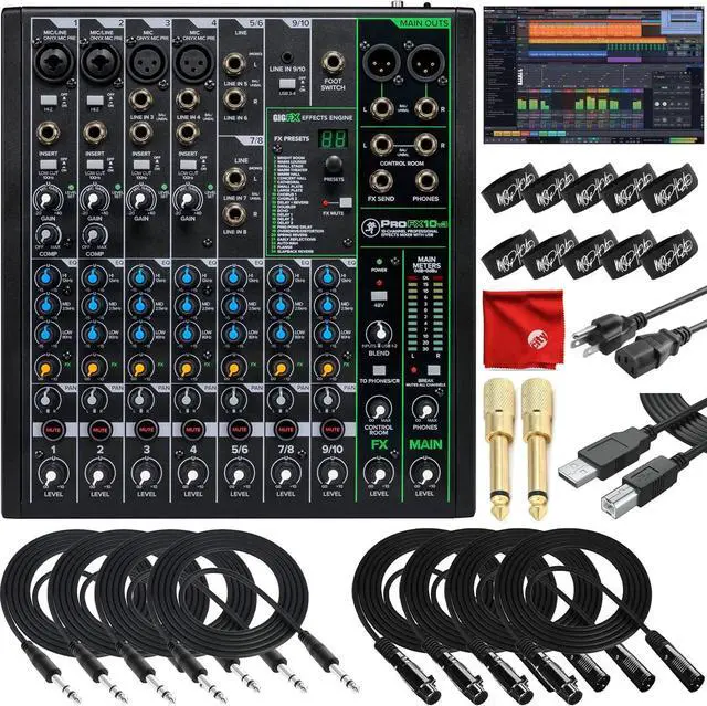 Main image of Mackie ProFX10v3 10-Channel Unpowered Mixer USB Bundle with Waveform OEM DAW, 4x Mophead 10-Foot TRS Cable, 4x 10-Foot XLR Cable, 2x 1/4" to 3.5mm Adapter, 10x Cable Ties and Microfiber Cloth