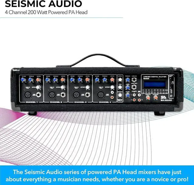 Alt view image 3 of 7 - Seismic Audio - SA-MA4C - 4 Channel 200 Watt Powered PA Head Mixer with Bluetooth and Effects
