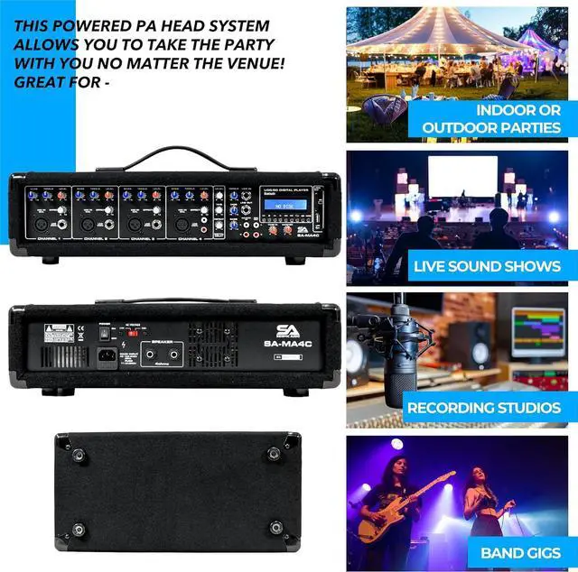 Alt view image 5 of 7 - Seismic Audio - SA-MA4C - 4 Channel 200 Watt Powered PA Head Mixer with Bluetooth and Effects
