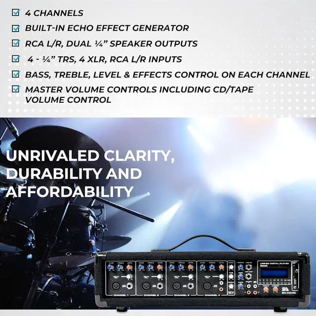 Alt view image 7 of 7 - Seismic Audio - SA-MA4C - 4 Channel 200 Watt Powered PA Head Mixer with Bluetooth and Effects