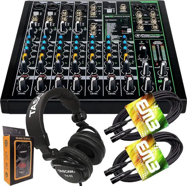 Main image of Mackie ProFX10v3 10-Channel Mixer with Built-in Effects and USB + Pro Headphone with Pair of EMB XLR Cable and Gravity Magnet Phone Holder Bundle