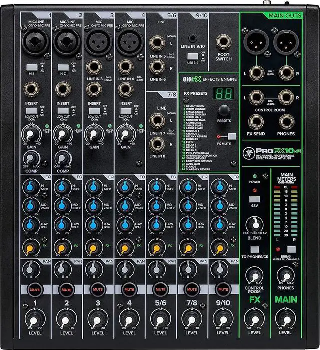 Alt view image 6 of 6 - Mackie ProFX10v3 10-Channel Mixer with Built-in Effects and USB + Pro Headphone with Pair of EMB XLR Cable and Gravity Magnet Phone Holder Bundle