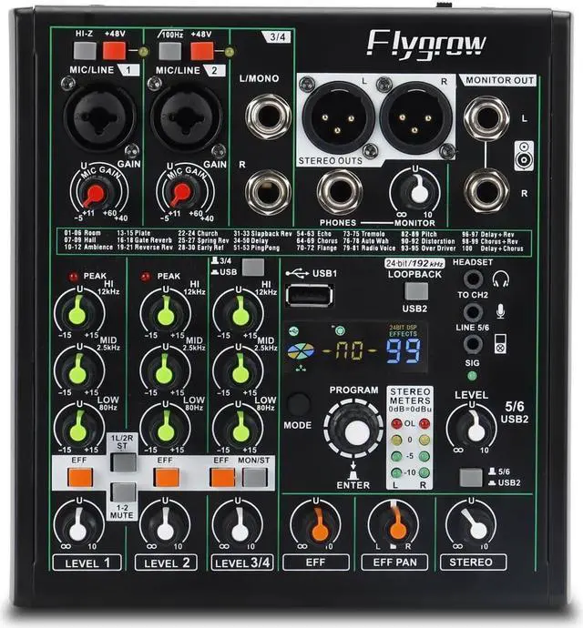Main image of Flygrow 6 Channel Audio Mixer DJ Mixer Sound Board, RGB Breathing Light, 99 DSP Effects, USB Audio Interface, 48V Phantom Bluetooth, High Resolution with 24bit/192kHz for Live Streaming