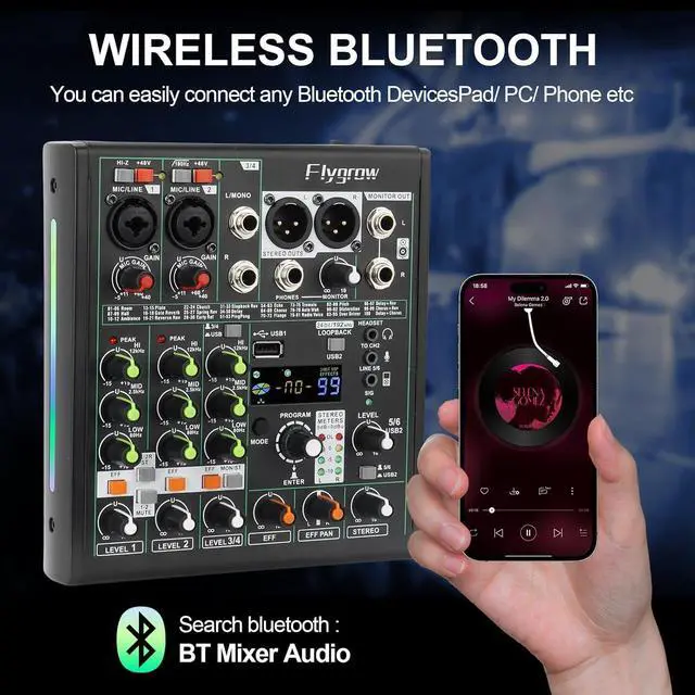 Alt view image 2 of 7 - Flygrow 6 Channel Audio Mixer DJ Mixer Sound Board, RGB Breathing Light, 99 DSP Effects, USB Audio Interface, 48V Phantom Bluetooth, High Resolution with 24bit/192kHz for Live Streaming