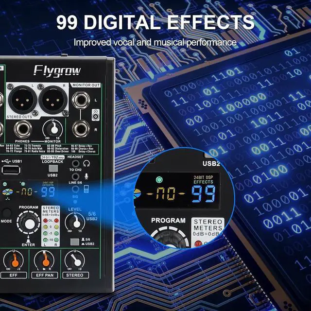 Alt view image 3 of 7 - Flygrow 6 Channel Audio Mixer DJ Mixer Sound Board, RGB Breathing Light, 99 DSP Effects, USB Audio Interface, 48V Phantom Bluetooth, High Resolution with 24bit/192kHz for Live Streaming
