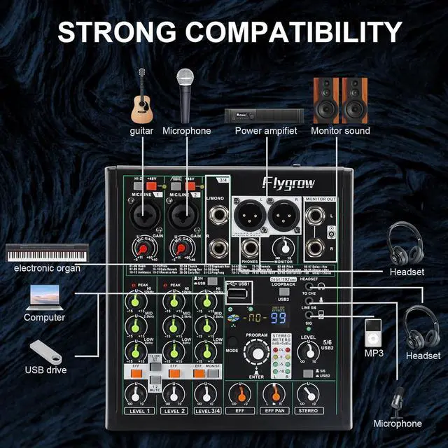 Alt view image 7 of 7 - Flygrow 6 Channel Audio Mixer DJ Mixer Sound Board, RGB Breathing Light, 99 DSP Effects, USB Audio Interface, 48V Phantom Bluetooth, High Resolution with 24bit/192kHz for Live Streaming