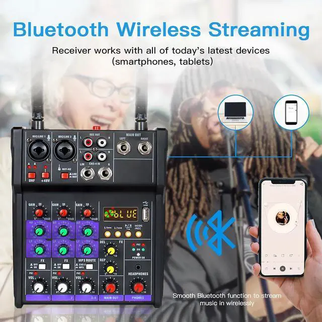 Alt view image 2 of 7 - Audio Mixer 4 Channel DJ Mixer with Dual Wireless Microphone Sound Board Console MP3 Bluetooth 48V Phantom Power USB Interface for Home Karaoke Studio Recording