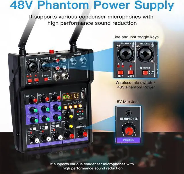 Alt view image 3 of 7 - Audio Mixer 4 Channel DJ Mixer with Dual Wireless Microphone Sound Board Console MP3 Bluetooth 48V Phantom Power USB Interface for Home Karaoke Studio Recording