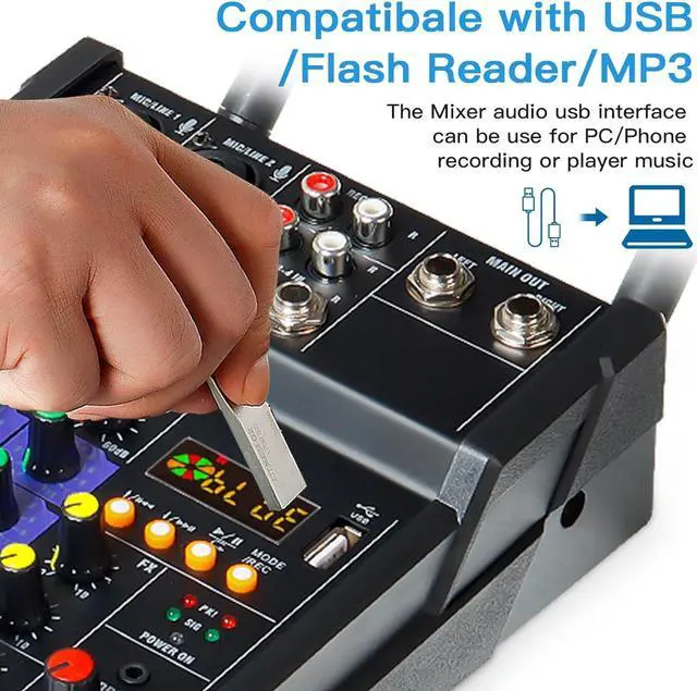 Alt view image 4 of 7 - Audio Mixer 4 Channel DJ Mixer with Dual Wireless Microphone Sound Board Console MP3 Bluetooth 48V Phantom Power USB Interface for Home Karaoke Studio Recording