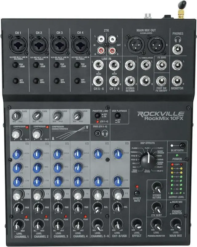 Main image of Rockville ROCKMIX 10FX 10 Channel USB Interface Mixer with 2-Way Bluetooth | 16 DSP Effects, 48V Phantom Power, Compressor, 3-Band EQ, Bluetooth 5.0, XLR Outputs, Steel Construction, Vocal Canceler