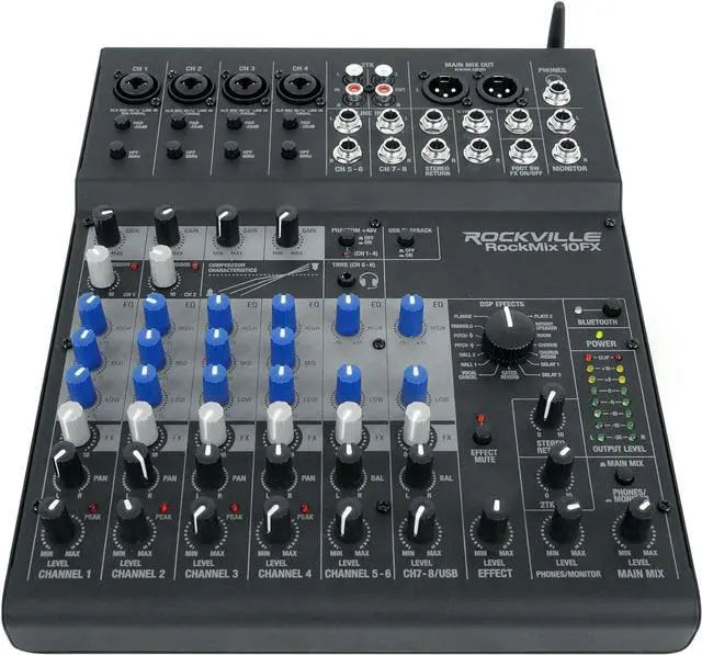Alt view image 2 of 6 - Rockville ROCKMIX 10FX 10 Channel USB Interface Mixer with 2-Way Bluetooth | 16 DSP Effects, 48V Phantom Power, Compressor, 3-Band EQ, Bluetooth 5.0, XLR Outputs, Steel Construction, Vocal Canceler