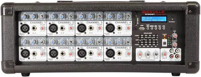 Main image of Rockville RPM80BT 2400w Powered 8 Channel Mixer/Amplifier w/Bluetooth/EQ/Effects | 2400W Peak, 600W RMS, 8 Mic and 1/4 in TRS Inputs, USB, RCA AUX, 5-Band EQ, Reverb, Delay, 48V Phantom Power