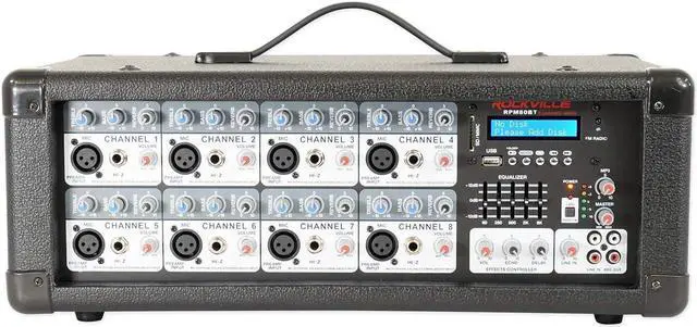 Alt view image 2 of 7 - Rockville RPM80BT 2400w Powered 8 Channel Mixer/Amplifier w/Bluetooth/EQ/Effects | 2400W Peak, 600W RMS, 8 Mic and 1/4 in TRS Inputs, USB, RCA AUX, 5-Band EQ, Reverb, Delay, 48V Phantom Power